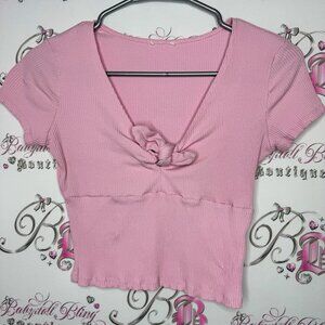 Garage tshirt top pink ribbon 🎀 bow tie up middle ribbed fabric stretchy cute